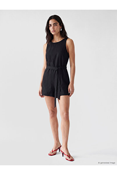 LC Waikiki Lcw Vision Black Linen Blend Women's Shorts Jumpsuit with Belted W...