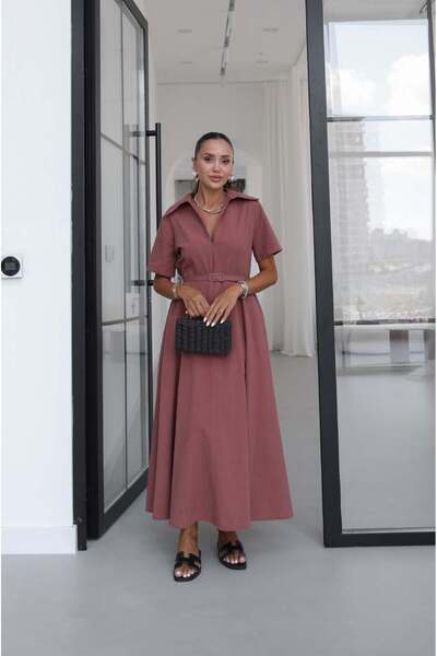Havoş Rose Dried Thin Belted Linen Midi Dress