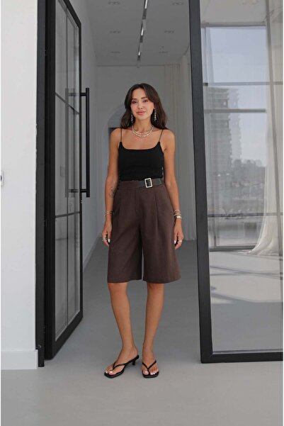 Havoş Bitter Brown Belted Bermuda Linen Shorts