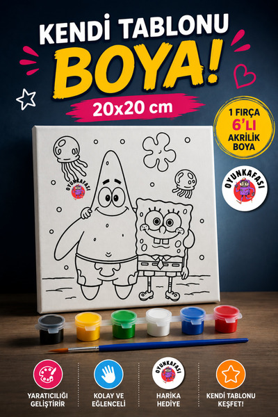 OYUNKAFASI 20x20 cm Sünger Bob-Tuval Boyama Seti | 6'lı Akrilik Boya + 1 Fırç...