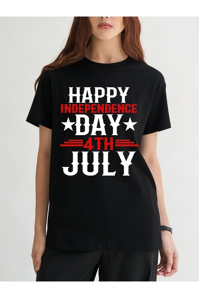 799 تي شيرت نسائي مريح وقابل للتنفس برقبة دائرية مع طباعة رقمية Happy 4Th Jul...
