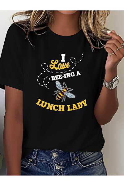 45 BPM تي شيرت مطبوع عليه I Love BEE ING A LUNCH LADY، قميص كاجوال بأكمام قصي...
