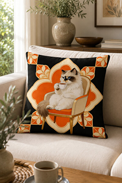 ELVORAN JOY Kahve Keyfi Yapan Kedi Desenli Dekoratif Tek Taraf Bakılı Kırlent...