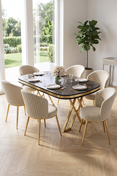 Canisa Nisare Serisi 90x168 Lak Panel Siyah Mermer Desen Masa Takımı Gold Aya...