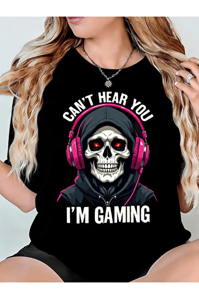 LİNA06 Womens Tshirt Cant Hear You Im Gaming Skull with Headphones Comfortabl...