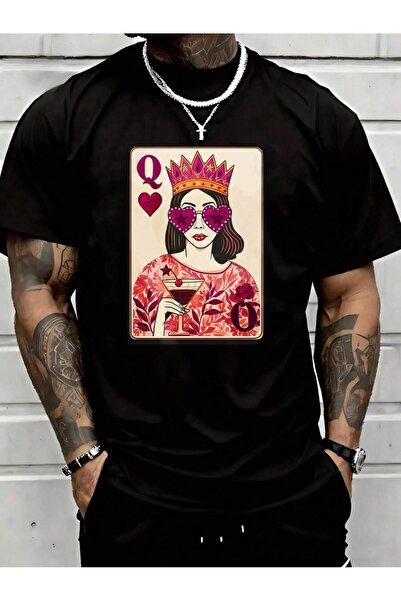 01THEONE Queen Of Hearts Playing Card Design T-Shirt With Cocktail Crown Grap...