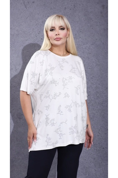 Mandolin Kadın Büyük Beden Taş İşlemeli Dökümlü T-Shirt