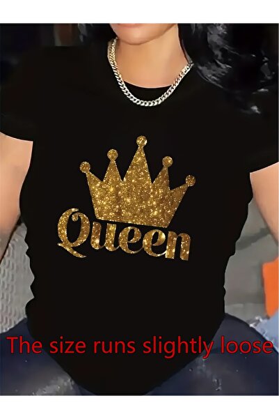 Ekim11 قميص أسود بأكمام قصيرة مع تاج ذهبي لامع وطباعة حروف Queen، ملابس حفلات...