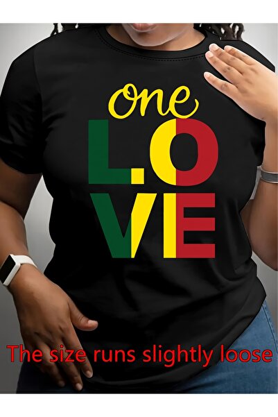 Ekim11 تي شيرت نسائي برسومات One Love |   ياقة دائرية بأكمام قصيرة، قابلة للغ...