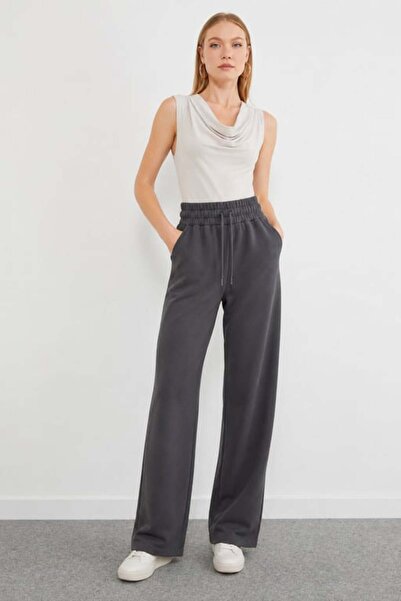 ModaPlaza Women's High Waist Wide Leg Pocketed 2 Thread Sweatpants Bottoms 3038