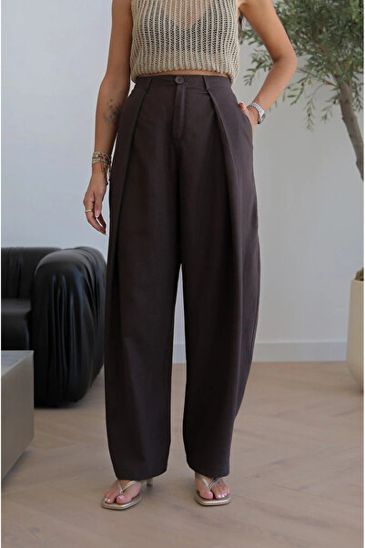 My Blog Brown Pleated Detailed Linen Trousers - 5145