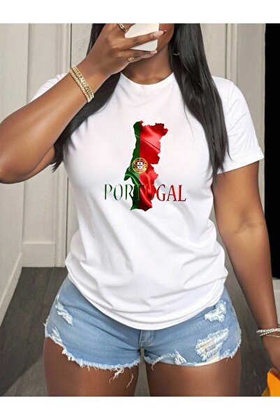 Ekim11 Round Neck Casual cotton Women's T-Shirt with Portugal Flag Design, Co...