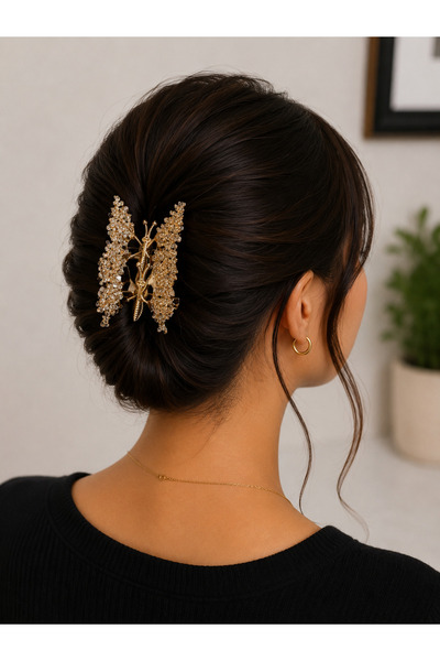 Bymiel Women's Gold Color Crystal Stone Butterfly Hair Clip – Stylish Bun and...
