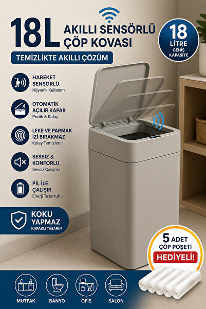 Funny Life Coș de gunoi subțire cu senzor de 18 litri, cu 5 saci de gunoi, ca...