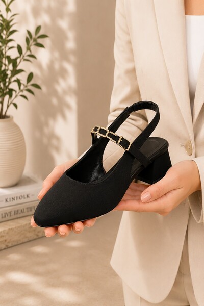 Bluefeet Rns Women's Black Buckle Satin Heeled Shoes 4 cm