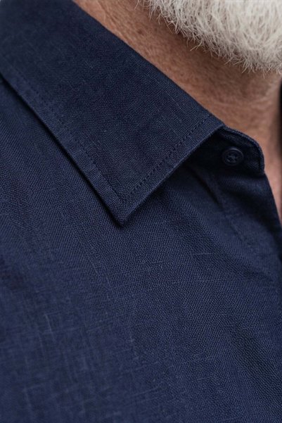 Starbattal Men's Large Size Short Sleeve Pocketless Linen Shirt 11310 Navy Blue