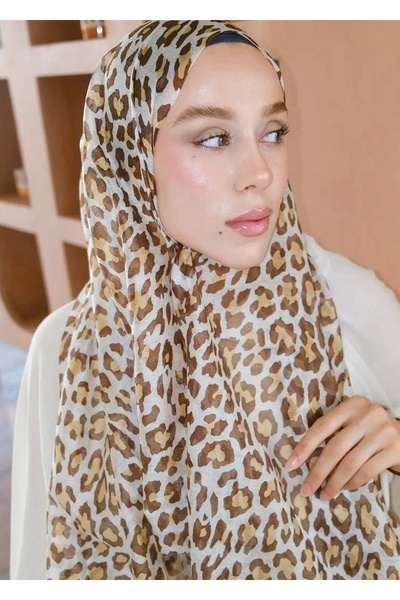 diorel Coffee Cream Leopard Pattern Silk Wool Blend Shawl Scarf