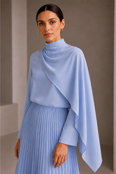 Zühre Blue Blouse with Shawl Detail 0146