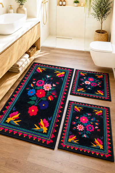 Chilai Home Lonye 60x100 50x60 50x60 Kaydırmaz Tabanlı 3'lü Banyo Paspas Seti...