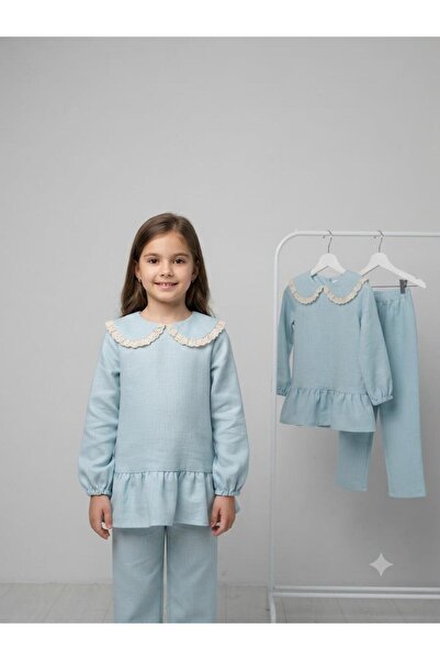 UHDE STORE Girl's Mint Green Scallop Collar Tunic Pants Muslin Set Long Sleev...