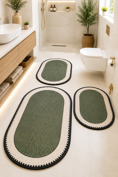 Chilai Home Nehogreen Oval 60x100 50x60 50x60 Kaydırmaz Tabanlı 3'lü Banyo Pa...