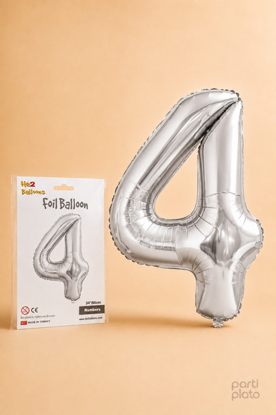 He2 Balloons Silver Folyo Balon 4 Rakamı 86 cm, Helyum Uyumlu Gümüş Renk 4 Ya...