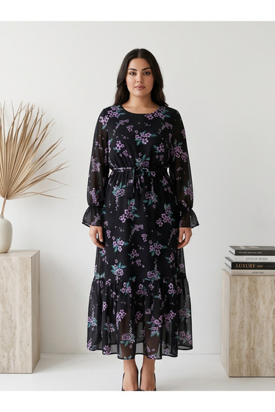 gökçesu Women's Plus Size Long Sleeve Lined Flowy Flounce Maxi Long Chiffon D...