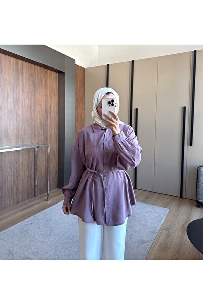ensade Women's Summer Belted Oversize Shirt Long Sleeve Buttoned Hijab Shirt ...