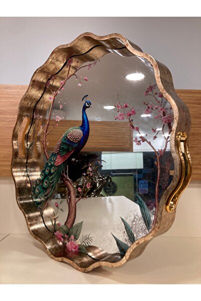 PLUS HOME TEPSİ AHŞAP VE AYNA DETAYLI TAVUS KUŞU DESEN YUVARLAK VOLANLI MODEL RENK ANTİK ESKİTME BÜYÜKBOY ÇAP 40 CM