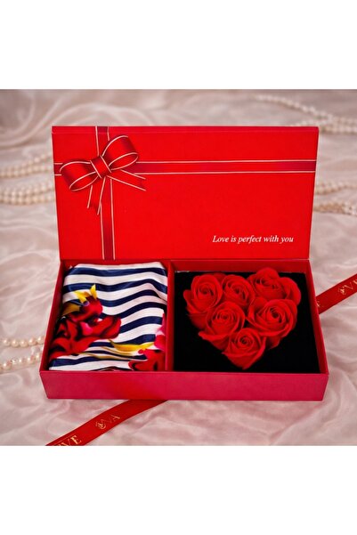 velve Set Love Rose, cutie cu 6 trandafiri rosii din sapun si esarfa, Alb
