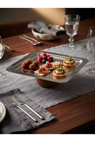 Rabo Craft Steel Metal Serving Presentation Plate with Wooden Legs 23X23