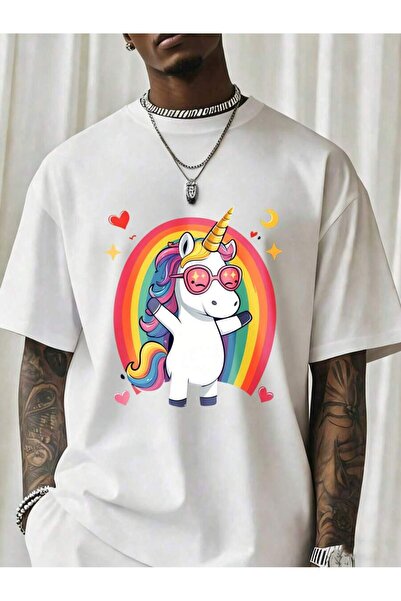 Ekim11 Unicorn Rainbow Dabbing T-Shirt With Sunglasses Hearts Design Men Wome...