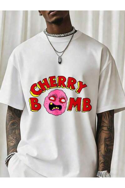 NOURAM Cherry Bomb Pink Face Graphic T Shirt Men Black Streetwear Fashion Coo...