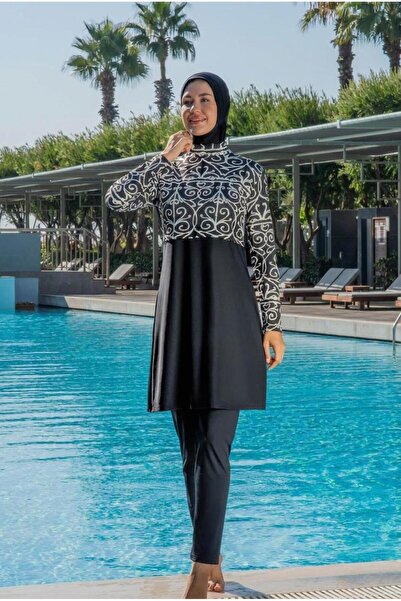 Ruko Maio Women's Long Sleeve Cropped Lycra Patterned Black Hijab Swimsuit C0...