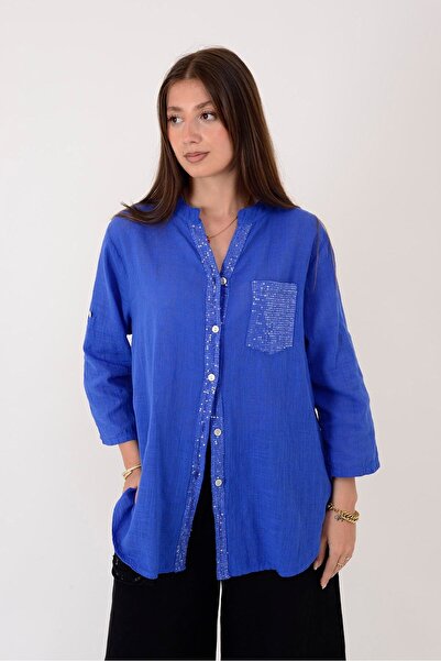 Hazinedan Women's Bohemian Sequin Detailed Pattern Pocket Detailed High Colla...