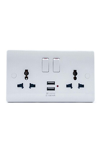 Duravel Universal Double Wall Socket with 2 USB Ports, 5V 1100mA, White
