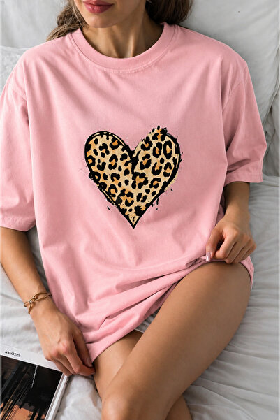 ZAVIXO Women's Oversize Leopard Heart Print 100% Cotton T-Shirt – Unisex Basi...