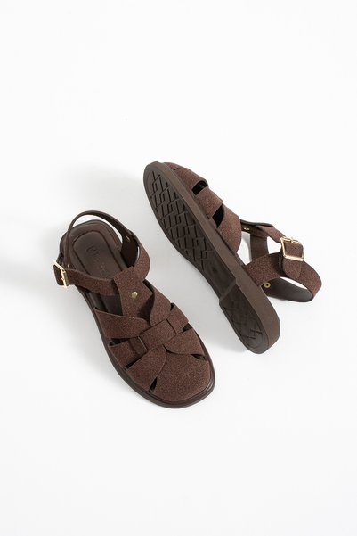 BURCU COLLECTİON Sofi̇a Brown Suede Women's Sandals with Adjustable Ankle Clasp Detail