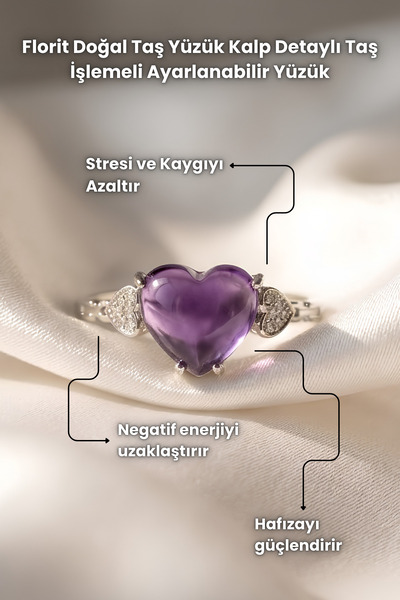 Elifsu Jewelry Fluorite Natural Stone Ring Heart Detailed Stone Embellished A...