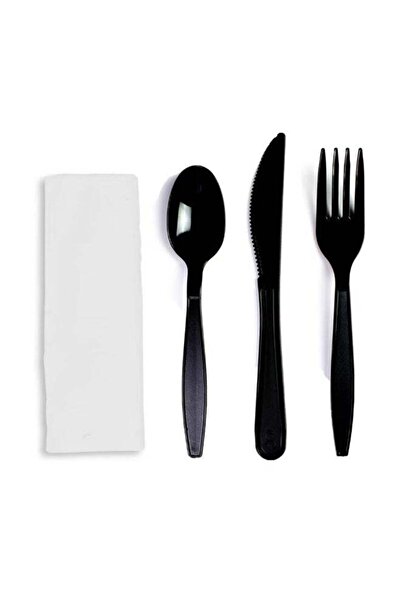 Duravel Plastic Cutlery Set, Black, Fork Knife and Spoon with White Napkin, H...