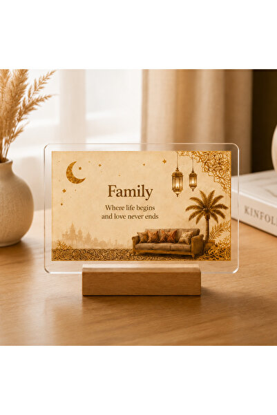 Bleco Eid Mubarak Acrylic Tabletop Sign with Wooden Base, Transparent Crescen...