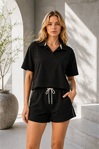 Combout Kadın Polo Yaka Şortlu Alt Üst Takım Oversize Günlük Rahat İkili Takım