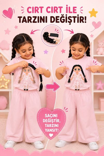 Rhea Company Girl's Pink Top and Bottom Set with Interchangeable Velcro Hair and Dress Design, 3-4 Years