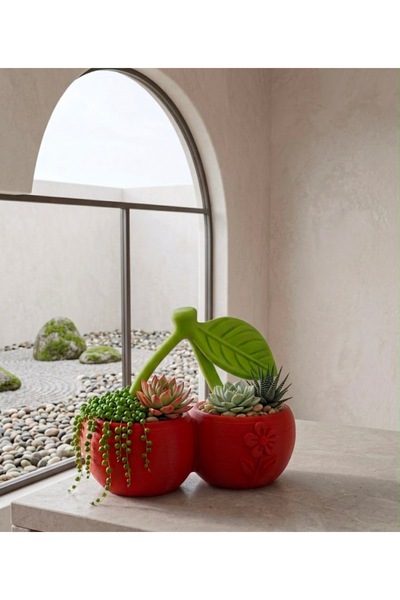 Sufle home dekor DEKORATİF KİRAZ FİGÜRLÜ İKİLİ SAKSI