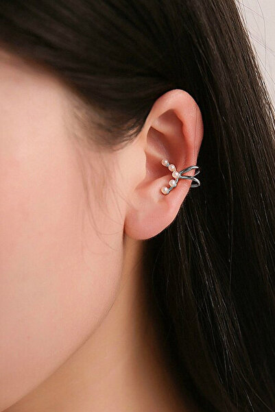 VeeShop Minimal ear cuff earring, crescent moon with 5 small pearls