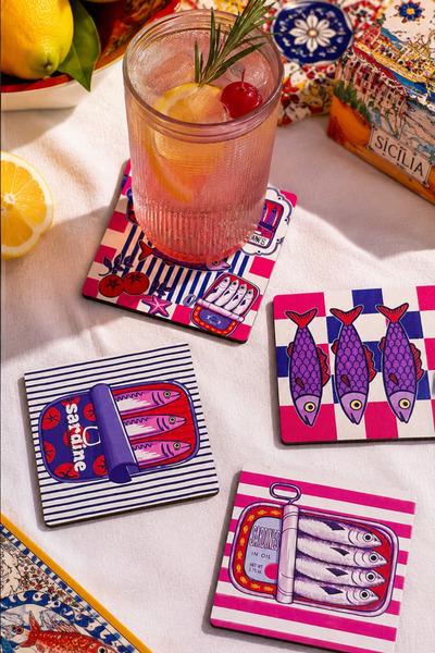 BYC TÜRKİYE Sardine Patterned Coasters Set of 4 – 9 Cm, 3 mm Mdf Wood, High Q...