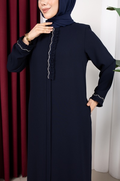 Işıltı Ferace Ruffle and Stone Detailed Cemre Ferace (Navy Blue)