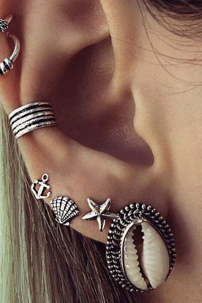 VeeShop Top Bottom Set of ear cuff and ring earrings, with shells, starfish, ...