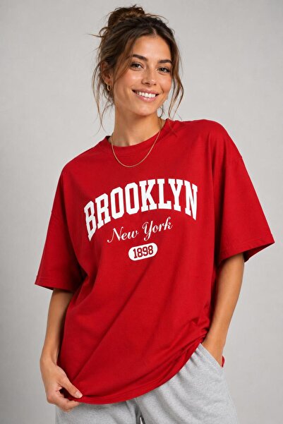 Lizbon Style Women's Oversize 100% Cotton Brooklyn Printed Comfortable Fit T-...