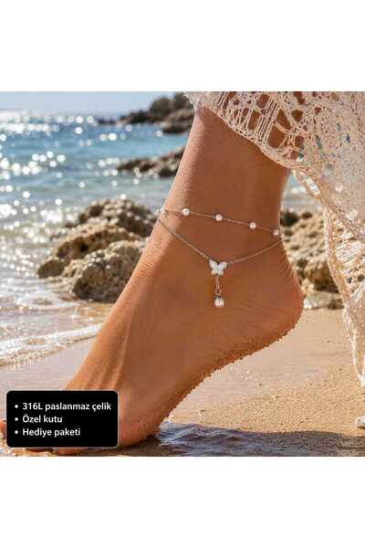 HER ŞEY NOTA www.herseynota.com Women's Steel Anklet with Pearl Detail and Bu...